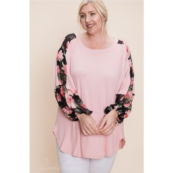 Pink Plus Size Top With Floral Sleeves - Picture 2 of 5